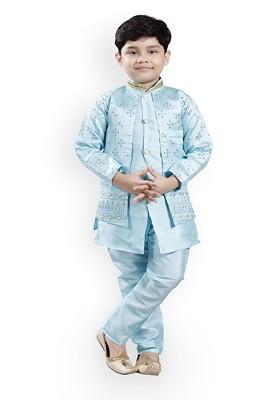 Boys Embroidered Mandarin Collar Straight Kurta With Churidar And Nehru Jacket