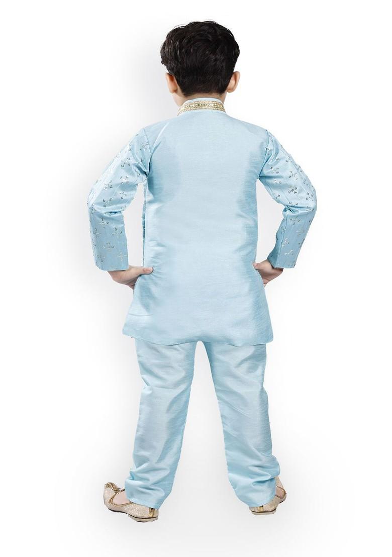 Boys Embroidered Mandarin Collar Straight Kurta With Churidar And Nehru Jacket - Indya