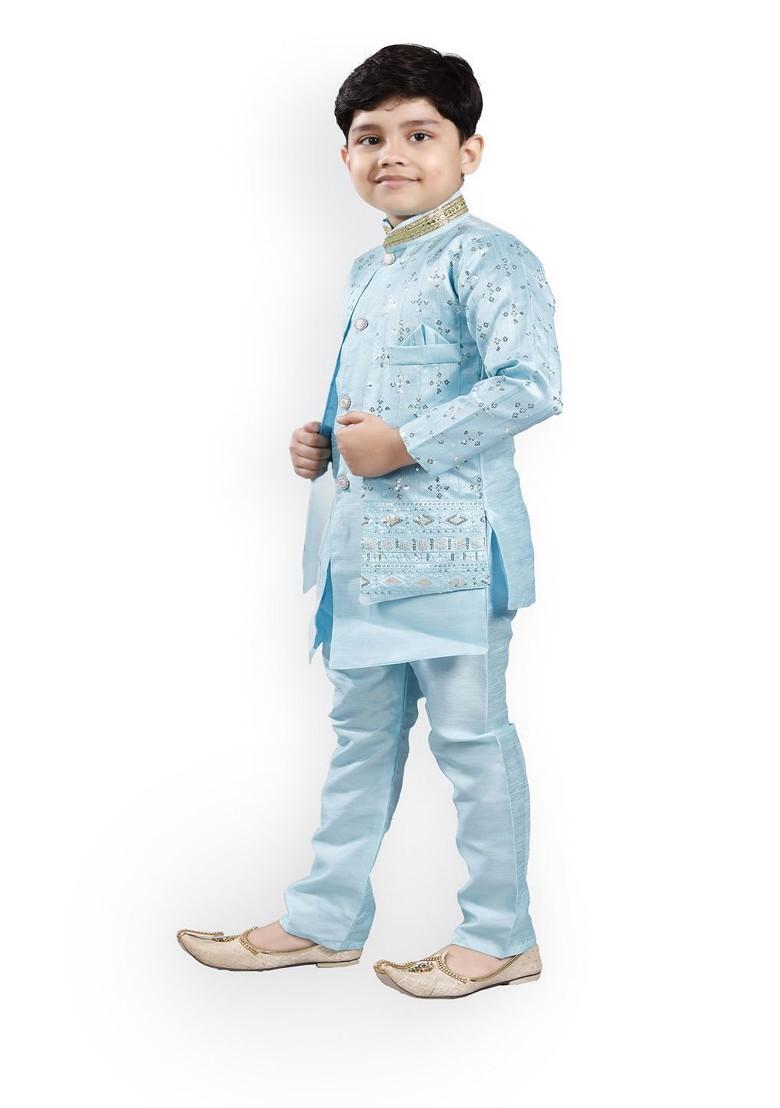 Boys Embroidered Mandarin Collar Straight Kurta With Churidar And Nehru Jacket - Indya