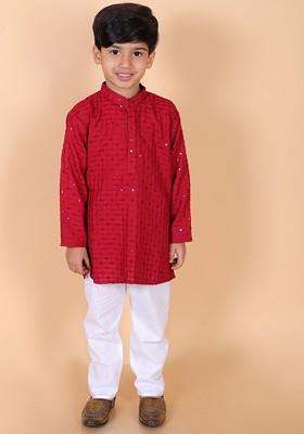 Boys Embroidered Regular Sequinned Pure Cotton Mandarin Collar Kurta With Pyjama