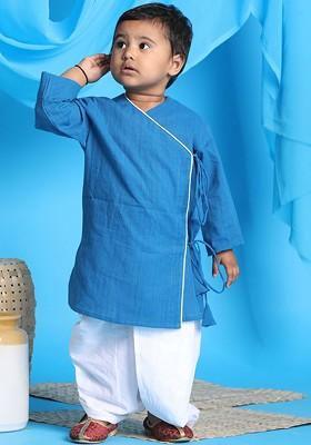 Boys Blue Angrakha Pure Cotton Kurta With Dhoti Pants