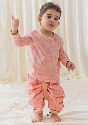 Boys Geometric Embroidered Beads And Stones Pure Cotton Kurta With Dhoti Pants