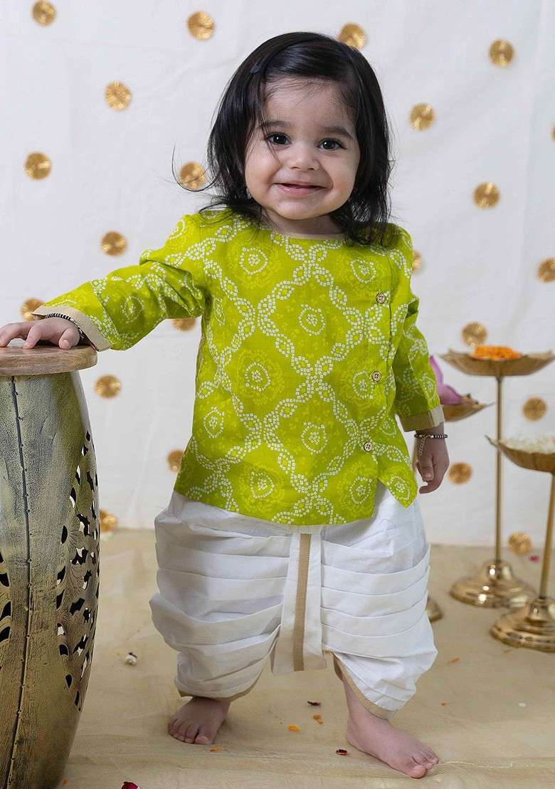 Infants Boys Bandhani Printed Pure Cotton Angrakha Kurta With Dhoti Pants - Indya
