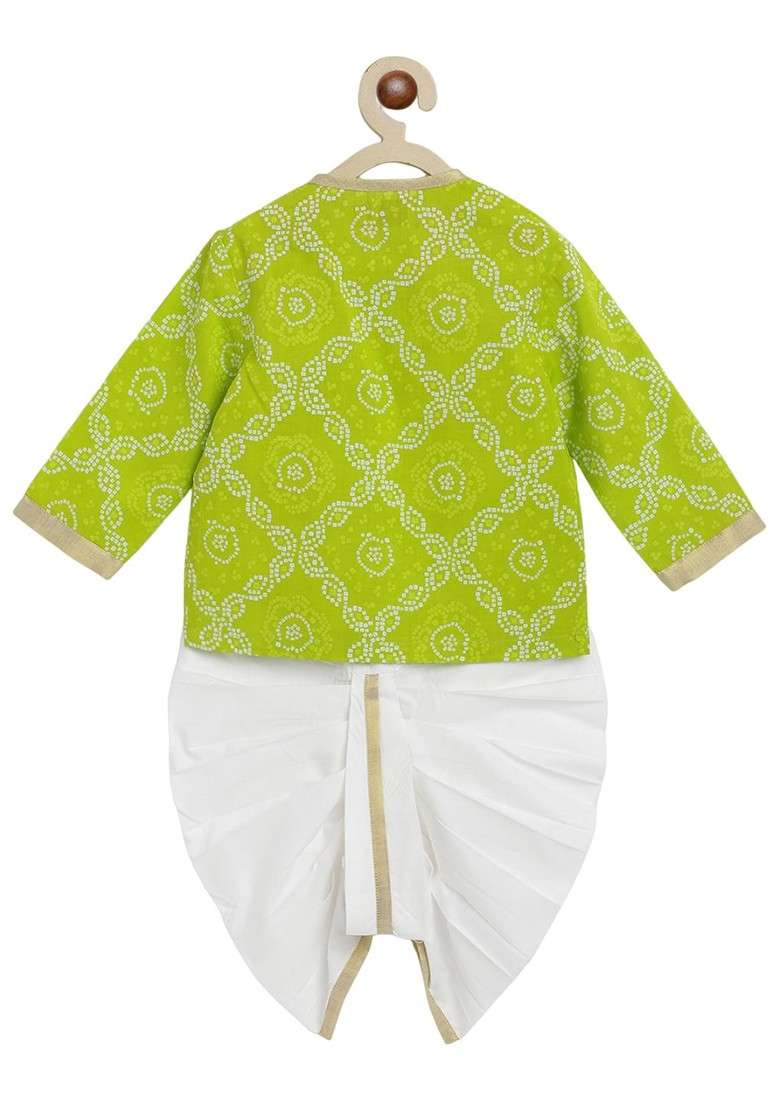 Infants Boys Bandhani Printed Pure Cotton Angrakha Kurta With Dhoti Pants - Indya