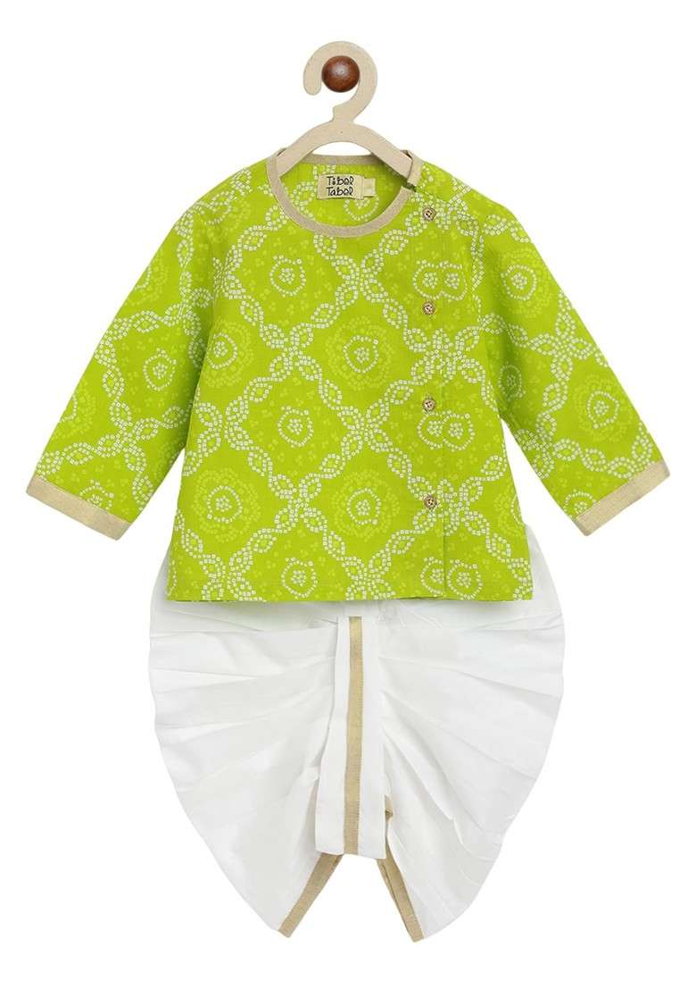 Infants Boys Bandhani Printed Pure Cotton Angrakha Kurta With Dhoti Pants - Indya