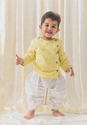 Boys Printed Thread Work Pure Cotton Straight Kurta With Dhoti Pants