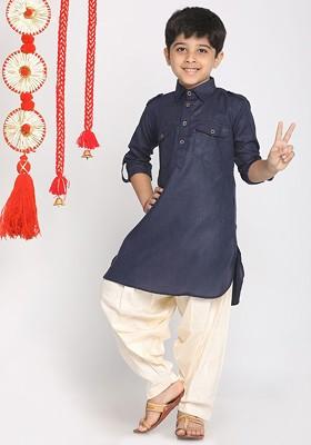 Boys Navy Blue And Cream Solid Cotton Blend Pathani Kurta With Dhoti Pants