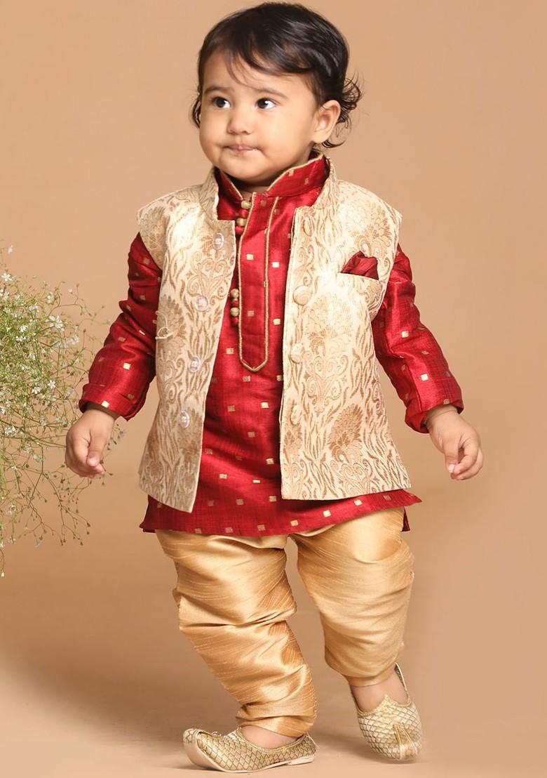 Boys Maroon Woven Design Kurta With Pyjamas And Nehru Jacket