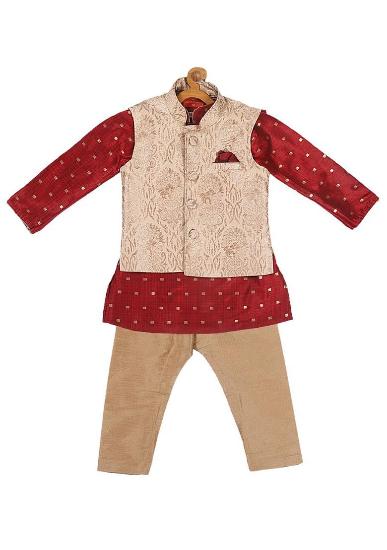 Boys Maroon Woven Design Kurta With Pyjamas And Nehru Jacket