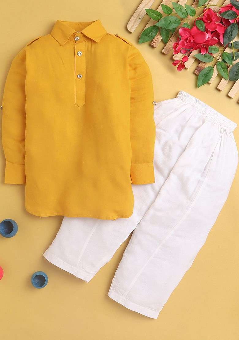 Boys Shirt Collar Pathani Kurta With Pyjamas - Indya