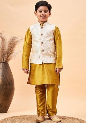 Boys Mandarin Collar Straight Kurta With Pyjamas With Nehru Jacket