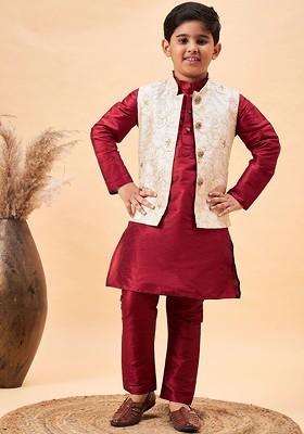 Boys Mandarin Collar Straight Kurta With Pyjamas With Nehru Jacket