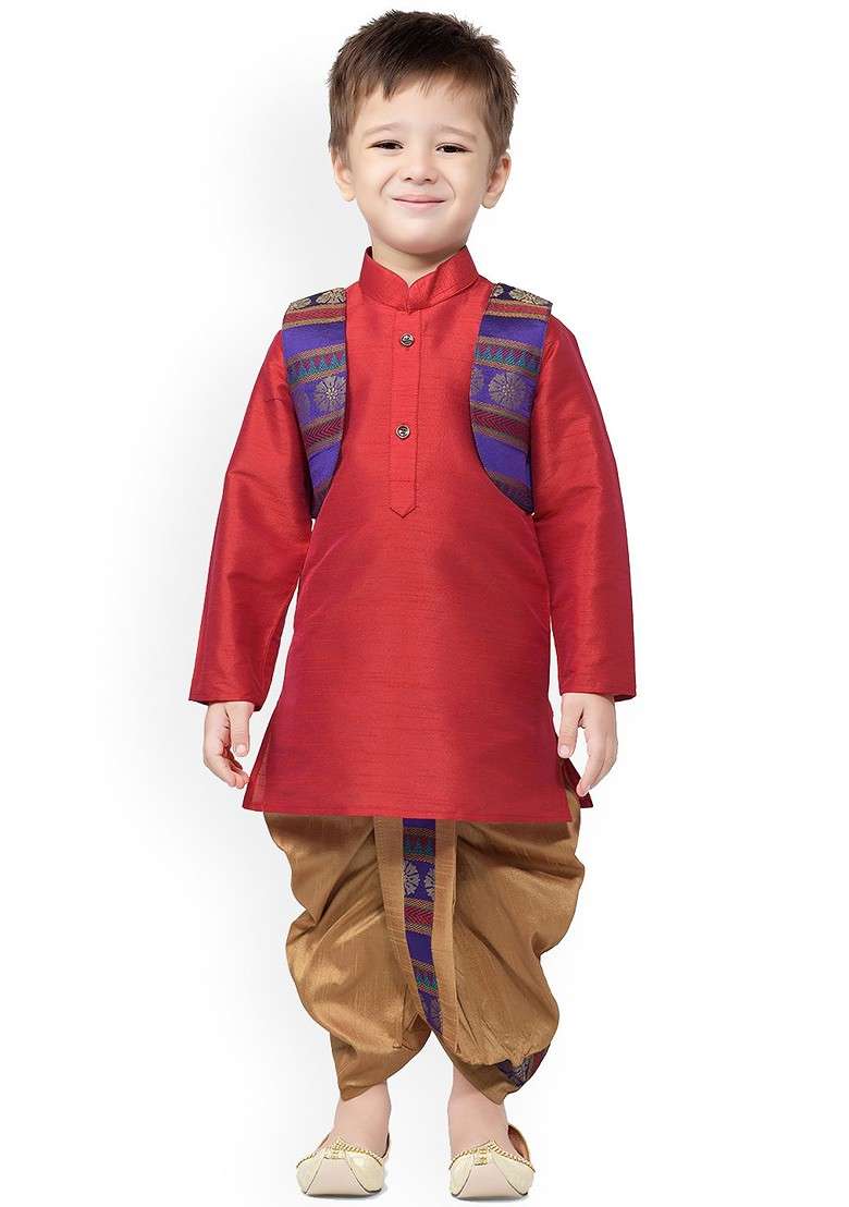 Boys Mandarin Collar Silk Cotton Kurta With Dhoti Pants And Jacket - Indya