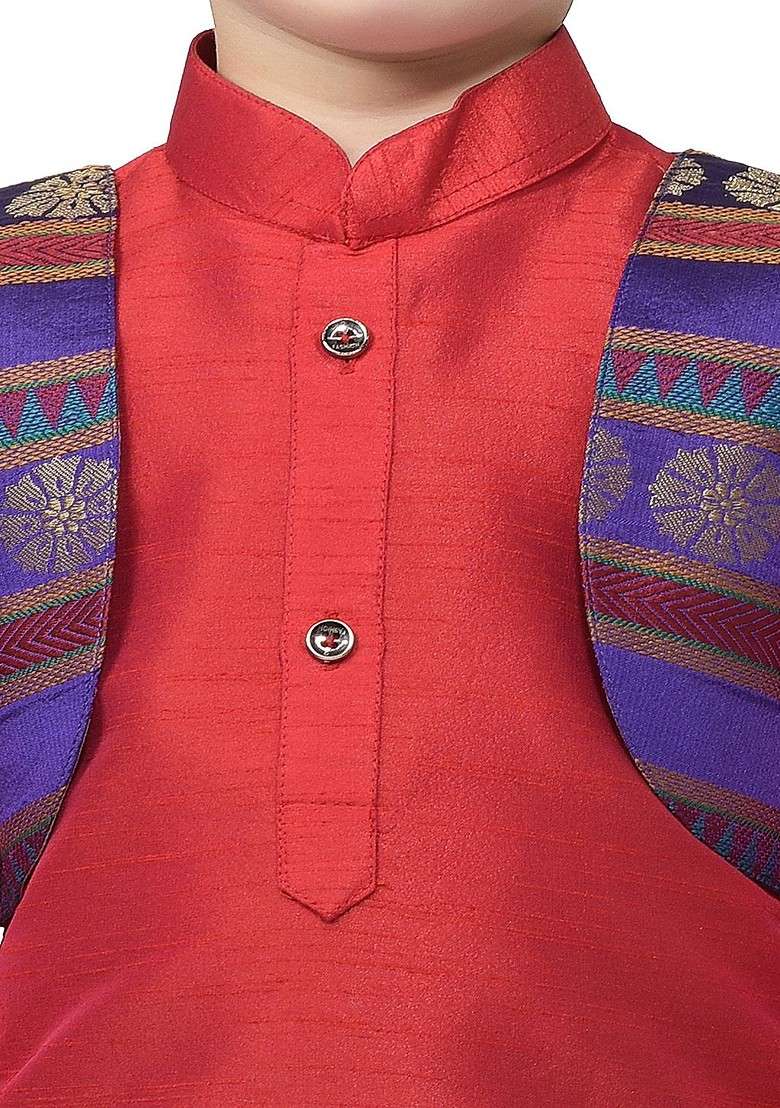 Boys Mandarin Collar Silk Cotton Kurta With Dhoti Pants And Jacket - Indya