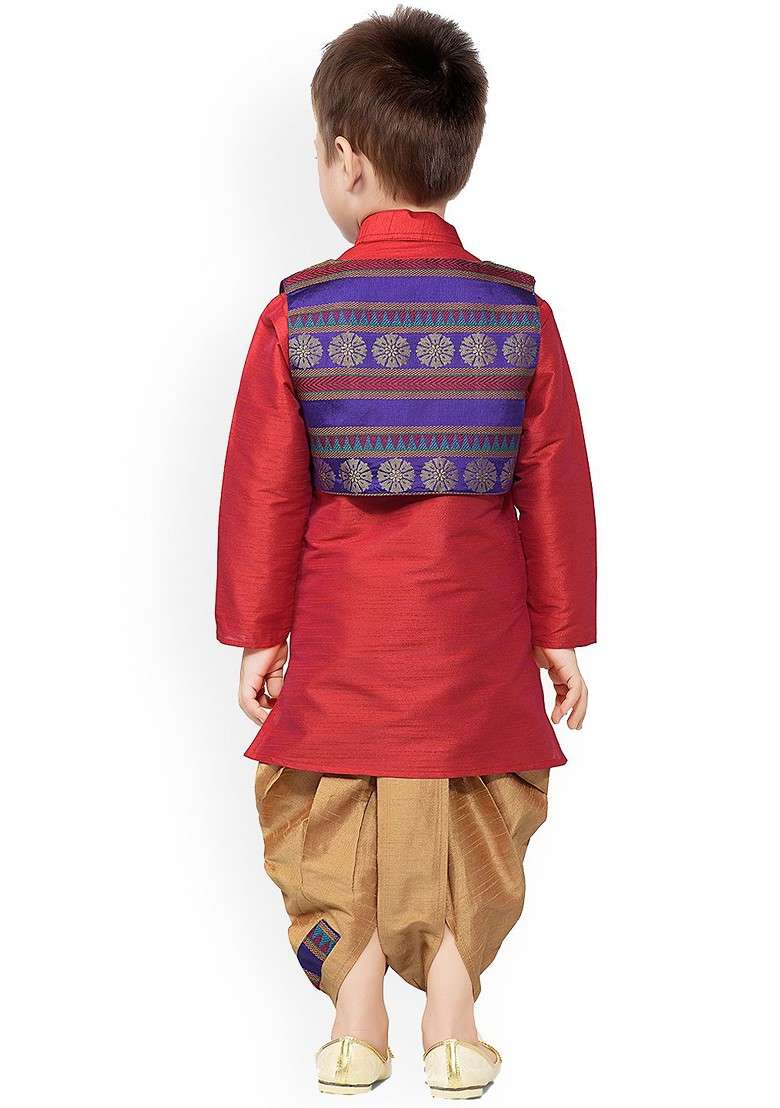 Boys Mandarin Collar Silk Cotton Kurta With Dhoti Pants And Jacket - Indya