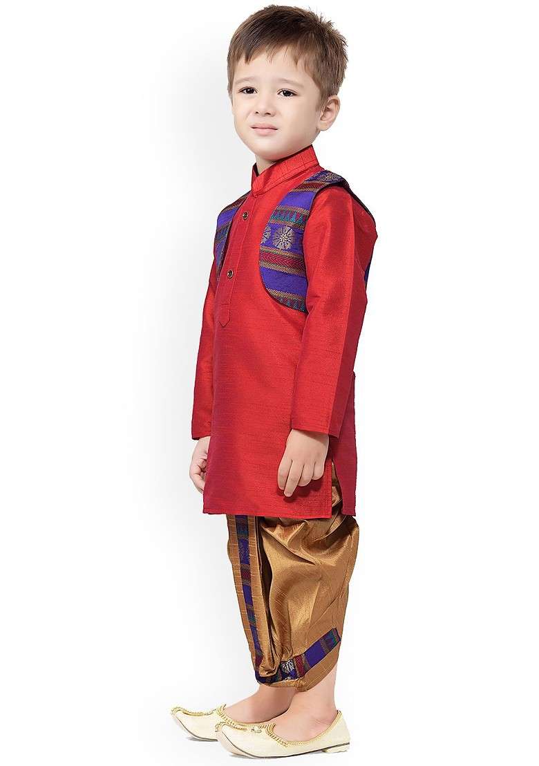 Boys Mandarin Collar Silk Cotton Kurta With Dhoti Pants And Jacket - Indya