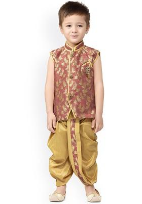 Boys Floral Woven Design Zari Regular Silk Cotton Kurta With Dhoti Pants