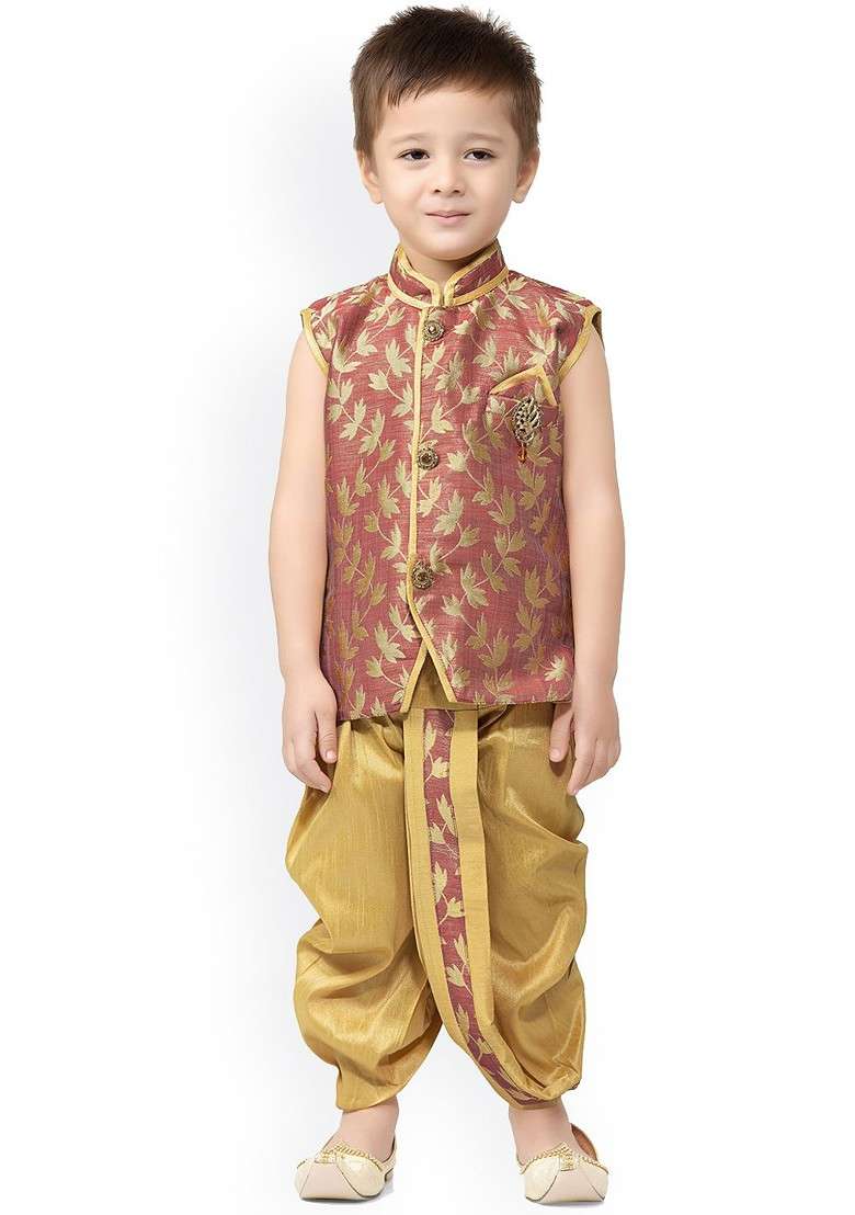 Boys Floral Woven Design Zari Regular Silk Cotton Kurta With Dhoti Pants - Indya