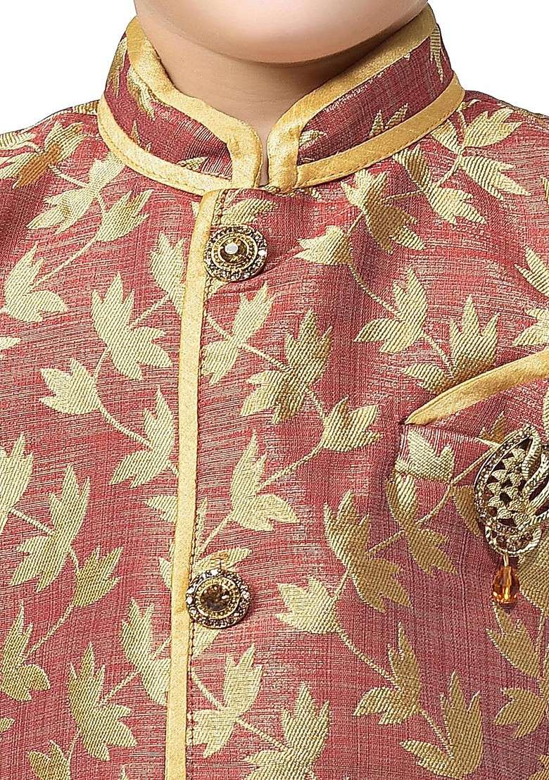 Boys Floral Woven Design Zari Regular Silk Cotton Kurta With Dhoti Pants - Indya