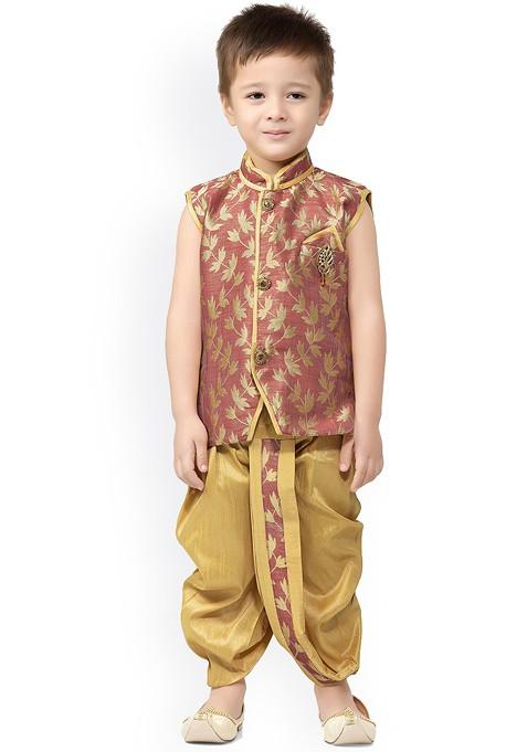 Boys Floral Woven Design Zari Regular Silk Cotton Kurta With Dhoti Pants — view on Indya
