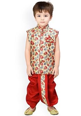 Boys Floral Printed Straight Kurta With Dhoti Pants