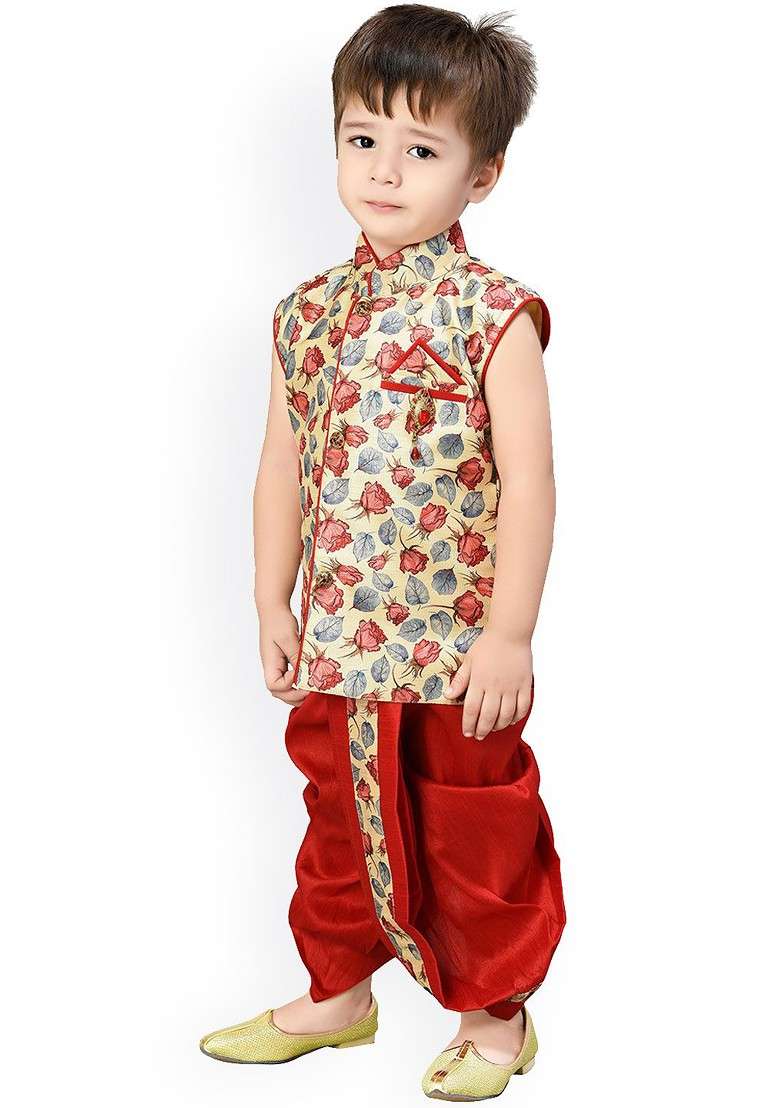 Boys Floral Printed Straight Kurta With Dhoti Pants - Indya