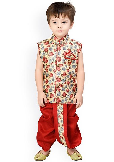 Boys Floral Printed Straight Kurta With Dhoti Pants