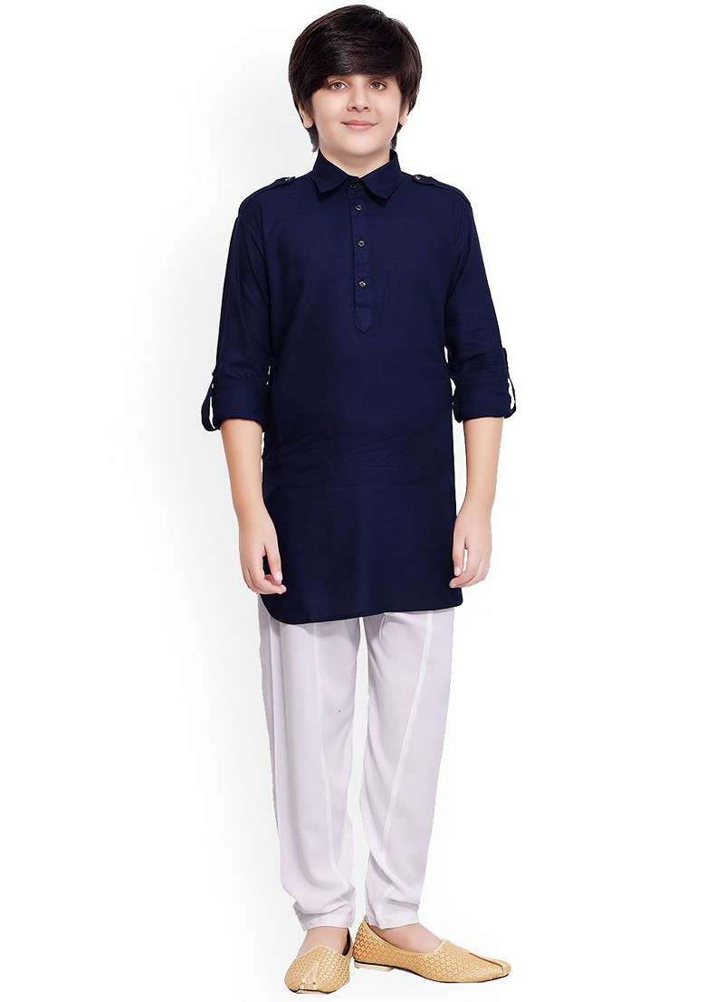 Boys Shirt Collar Pathani Kurta With Pyjamas - Indya