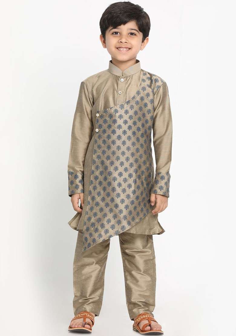 Boys Ethnic Motifs Mandrain Collar Angrakha Kurta Set - Indya
