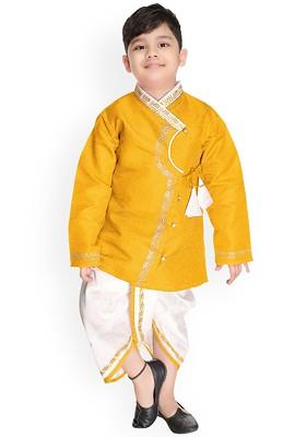 Boys Printed Thread Work Angrakha Pure Cotton Kurta With Dhoti Pants