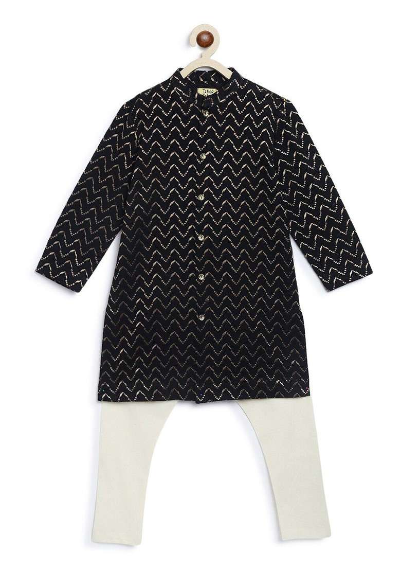 Boys Embroidered Regular Pure Cotton Kurta With Pyjamas - Indya