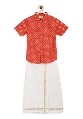 Boys Red And White Printed Shirt And Veshti