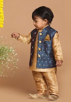 Blue And Gold Toned Woven Design Nehru Jacket