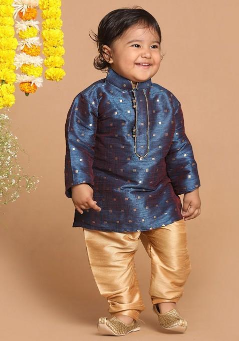 Boys Blue Woven Regular Kurta With Pyjamas — view on Indya