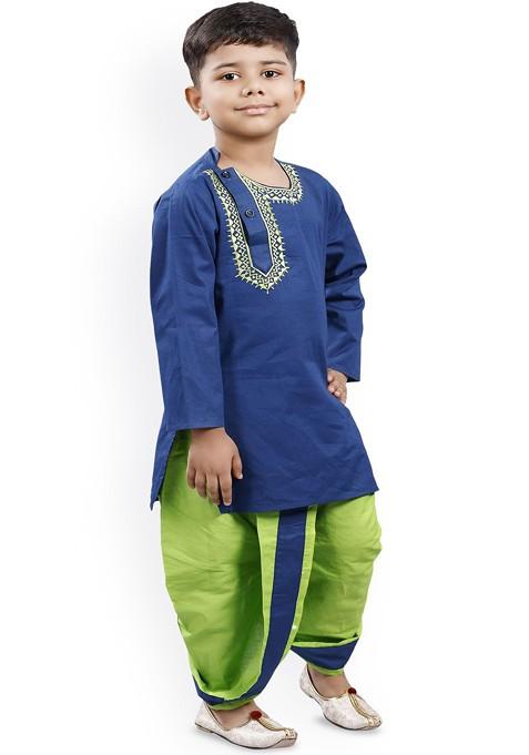 Boys Floral Embroidered Straight Kurta With Dhoti — view on Indya