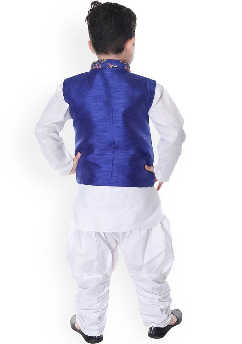 Boys Band Collar Kurta With Dhoti Pants And Nehru Jacket - Indya
