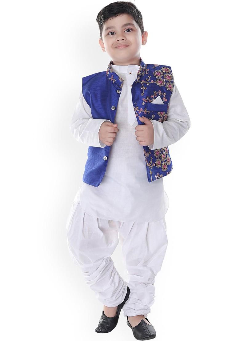 Boys Band Collar Kurta With Dhoti Pants And Nehru Jacket - Indya