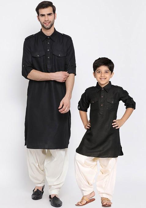 Boys Black Pathani Kurta With Dhoti Pants