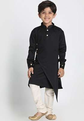 Boys Black And Cream Coloured Solid Kurta With Churidar