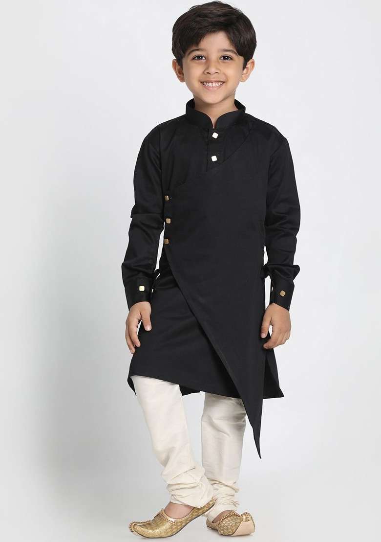 Boys Black And Cream Coloured Solid Kurta With Churidar - Indya