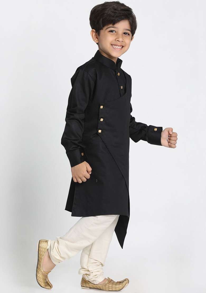 Boys Black And Cream Coloured Solid Kurta With Churidar - Indya