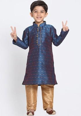 Boys Navy Blue And Beige Self Design Kurta With Churidar