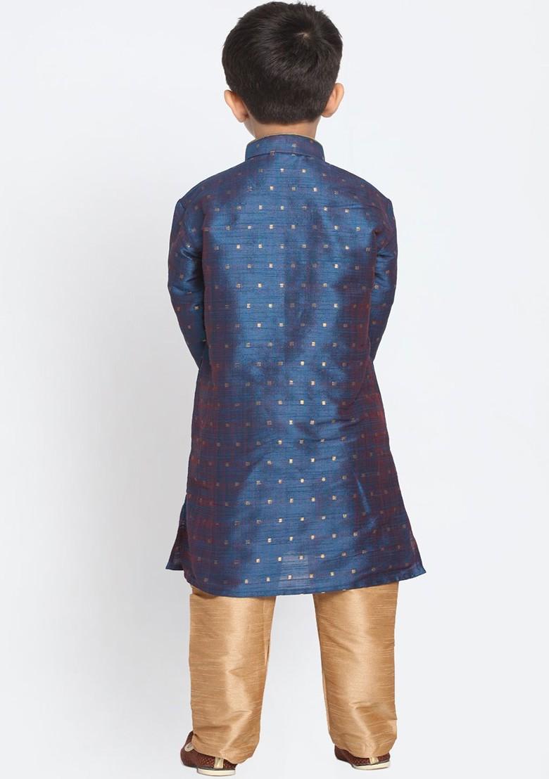 Boys Navy Blue And Beige Self Design Kurta With Churidar - Indya