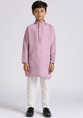 Boys Ethnic Motifs Embroidered Sequinned Mandarin Collar Kurta With Pyjamas