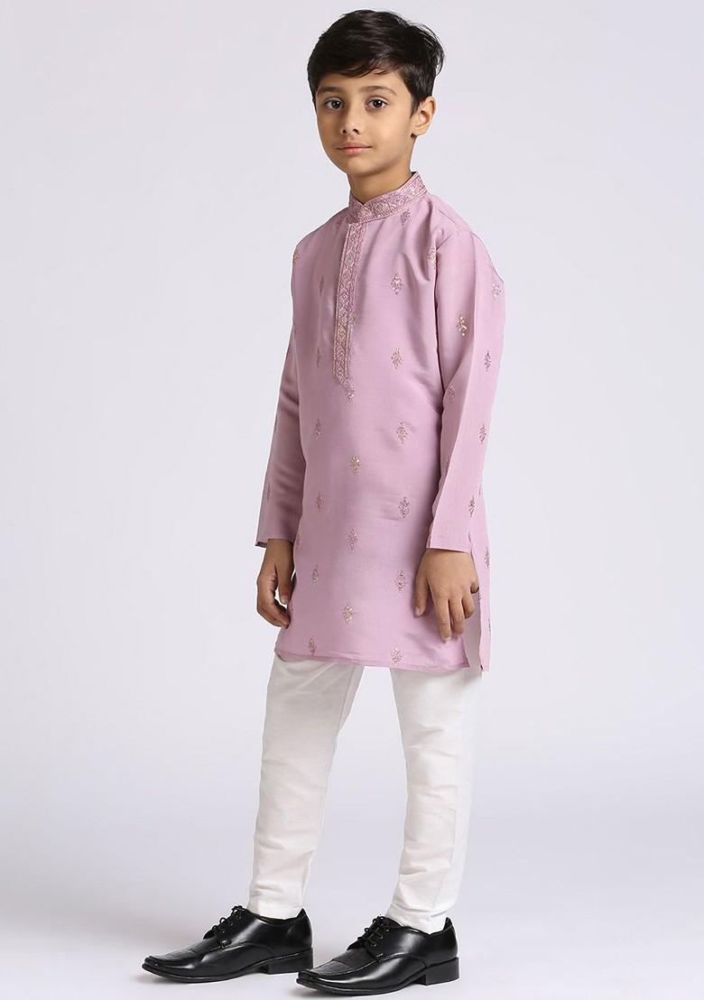 Boys Ethnic Motifs Embroidered Sequinned Mandarin Collar Kurta With Pyjamas - Indya
