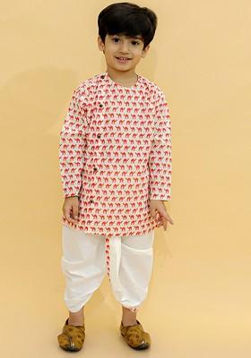 Boys Animal Printed Round Neck Pure Cotton Straight Kurta With Dhoti Pants