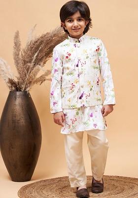 Boys Printed Mandarin Collar Gotta Patti Kurta With Pyjamas And Nehru Jacket