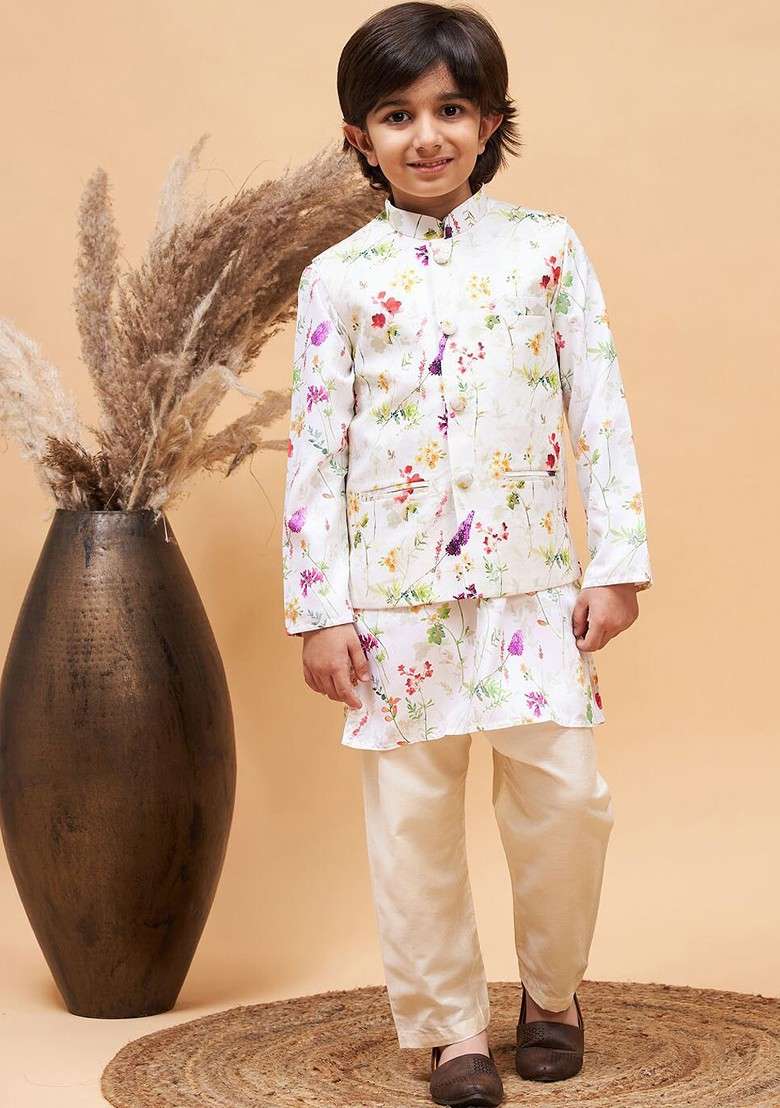 Boys Printed Mandarin Collar Gotta Patti Kurta With Pyjamas And Nehru Jacket - Indya