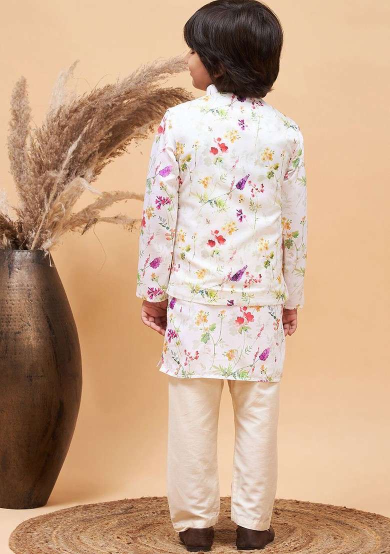 Boys Printed Mandarin Collar Gotta Patti Kurta With Pyjamas And Nehru Jacket - Indya