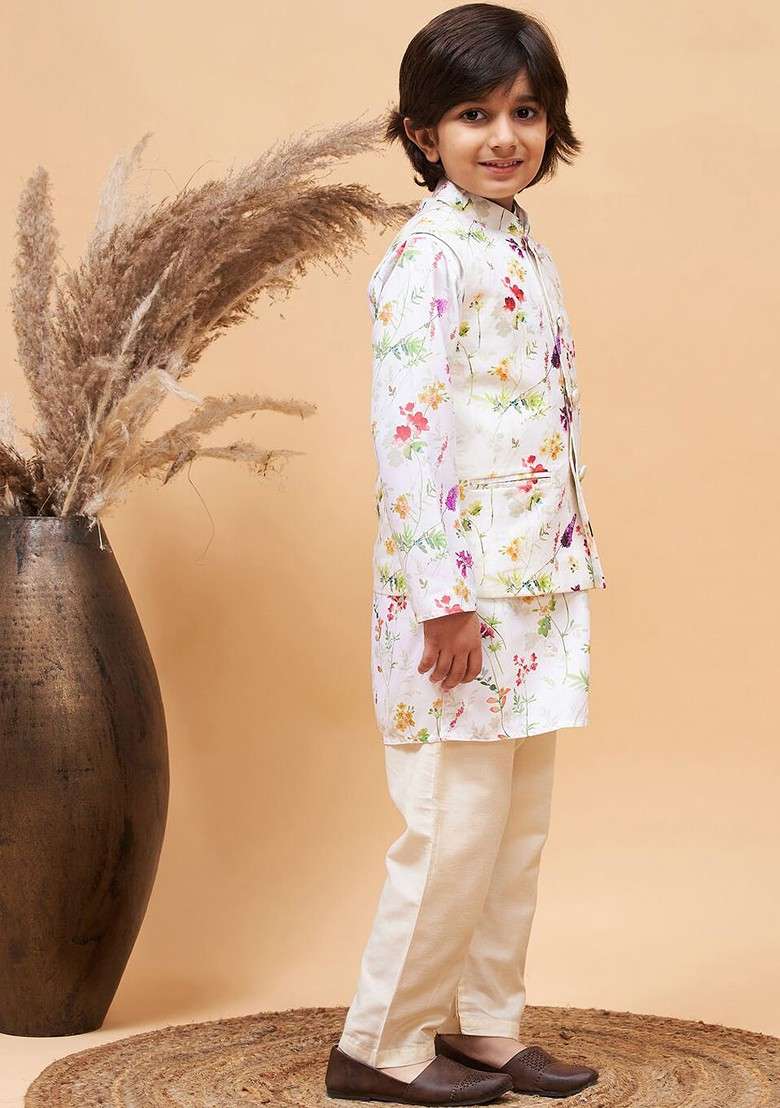 Boys Printed Mandarin Collar Gotta Patti Kurta With Pyjamas And Nehru Jacket - Indya